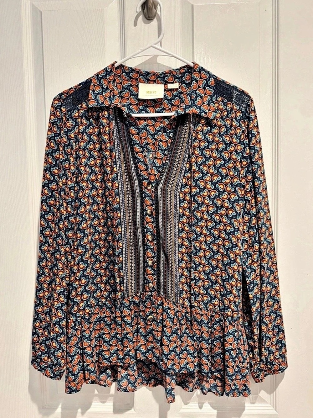 Maeve Anthropologie Blouse Size 0 Floral Boho Peplum Tunic Long Sleeve Like New
